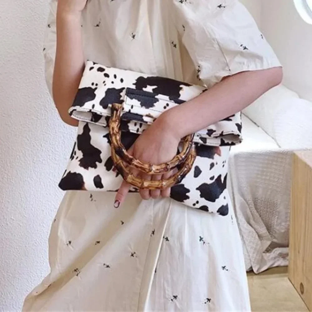 Cow Print Handbag Bamboo Handle Purse Womens Western Collapsible Top Handle Bag